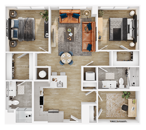 Floor plan for 2 beds, 2 baths, 1102 sqft